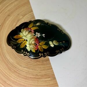 Zhostovo Russian Lacquer Curved Floral Hair Barrette, Signed Bychkova, 2.5” x 4”